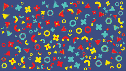 Colorful abstract geometric design with flowers on blue background, suitable for digital backgrounds, posters, cards, and modern art concepts.