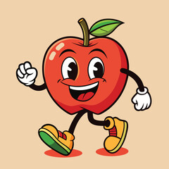 Groovy apple mascot. Funky retro character. cartoon apple, smiling, walking. Funny vintage trendy style character. Doodle Comic collection 