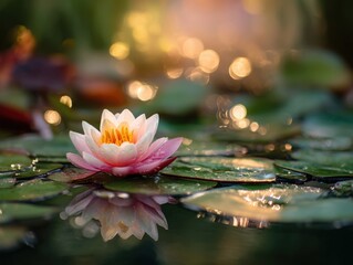 Exquisite lotus flower blooming on a pond, symbolizing purity, enlightenment, and rebirth. Ideal for spa promotions, meditation guides, yoga retreats, and nature calendars.