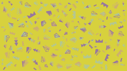 Yellow background with a pattern of purple, green, and tan diamonds and triangles. Suitable for vibrant and eye catching designs. Bold and geometric graphic design element.