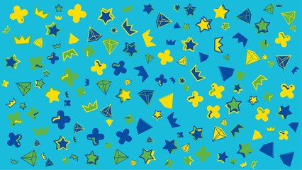 Blue background adorned with stars, diamonds, crowns, and plus signs in yellow, green, and blue. Ideal for childrens designs and celebrations.