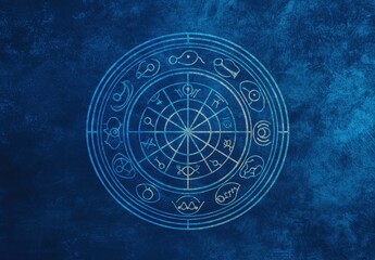 Naklejka premium Astrological Zodiac Wheel on Blue Background with Symbolic Icons