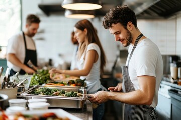 Restaurant Kitchen Team Preparing Delicious and Healthy Food