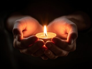 Gentle hands holding a burning candle in the darkness, symbolizing hope, remembrance, and peace. Ideal for memorial services, spiritual guidance, and grief support.