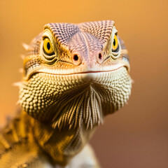 Fototapeta premium Close-up of a lizard with its tongue out, steam rising from its mouth against a blurred brown background.