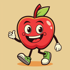 Groovy apple mascot. Funky retro character. cartoon apple, smiling, walking. Funny vintage trendy style character. Doodle Comic collection 