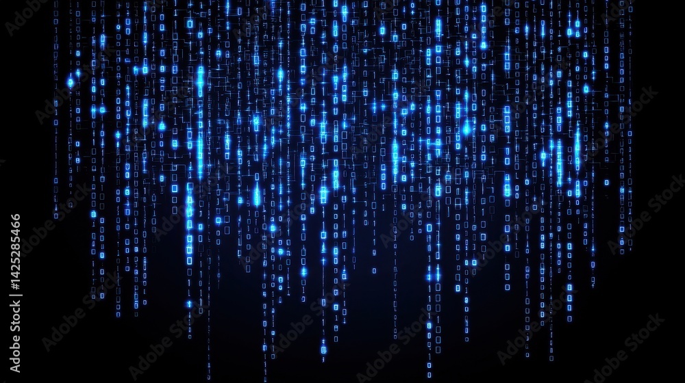 Aufkleber digital matrix code rain in blue on dark background for technology