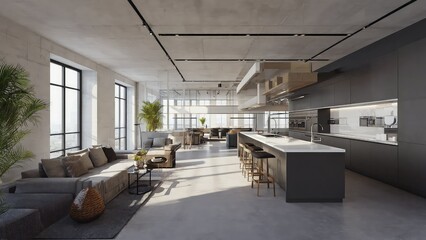 Open-concept loft apartment with modern kitchen and living area.