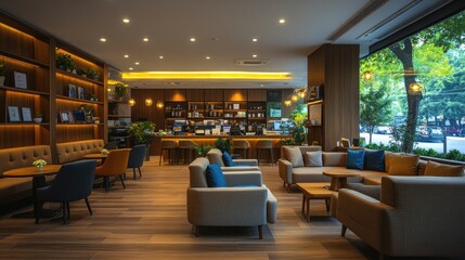Modern cafe interior with comfortable seating and natural light