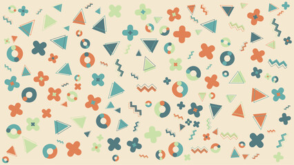 Title Pattern of orange and green flowers, blue triangles, circles, and teal zigzags. Suitable for backgrounds, textiles, and stationery design.
