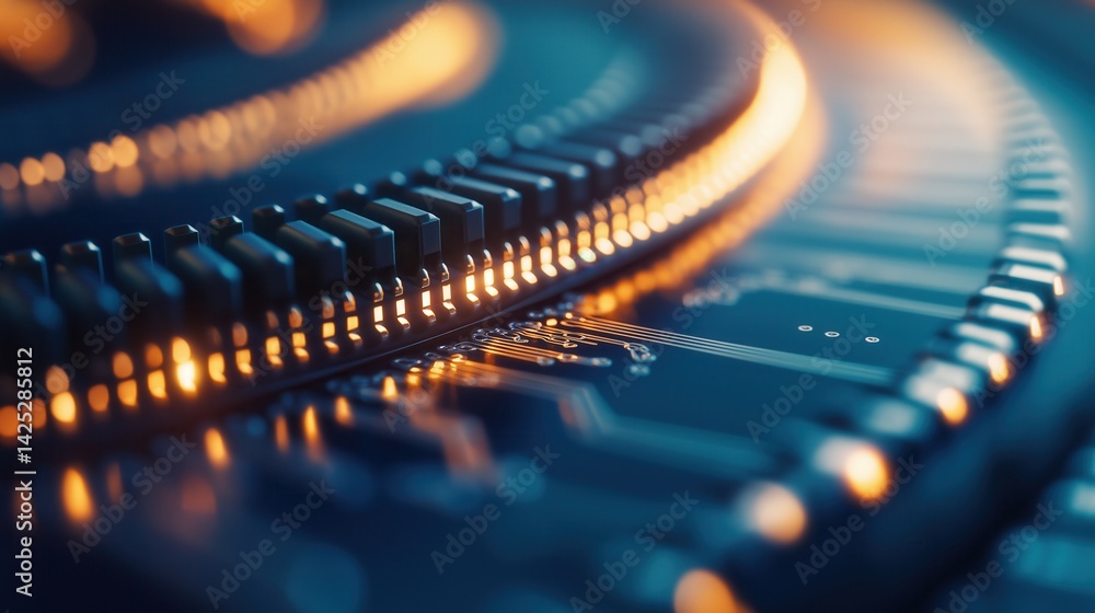 Poster Close-up of electronic microchip on a luminous circuit board with detailed connections