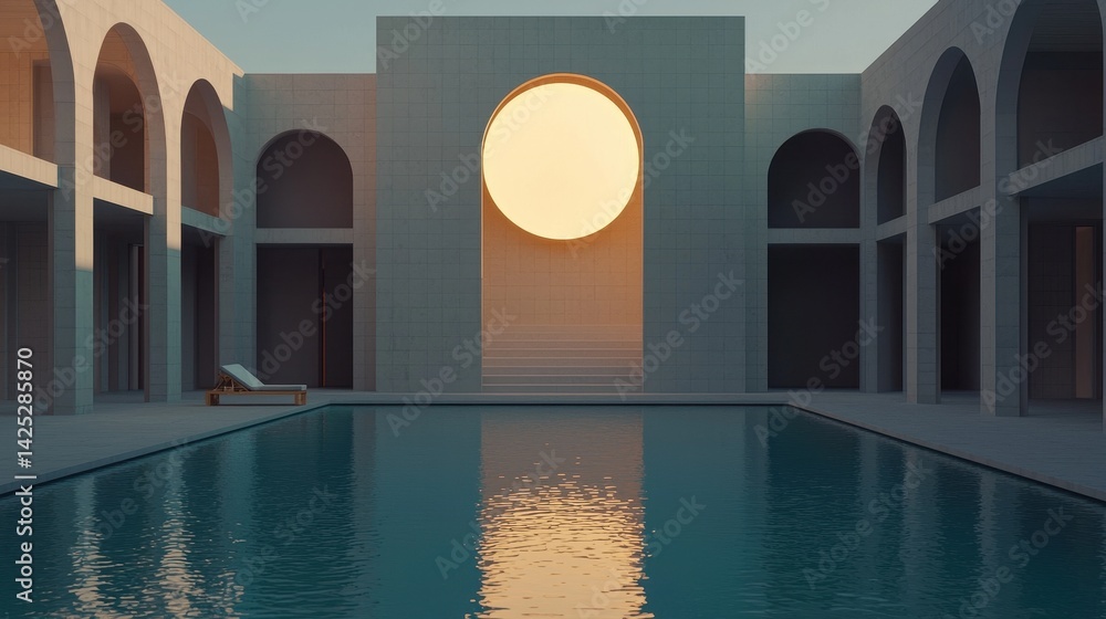 Poster serene architectural space with pool and circular sun setting