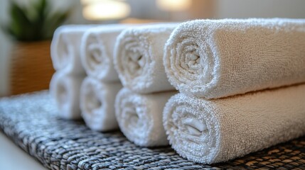 Rolled white towels on a textured mat