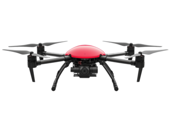 High-resolution image of a red professional hexacopter drone with camera, perfect for aerial photography, surveillance, delivery technology, and tech product presentations on transparent background