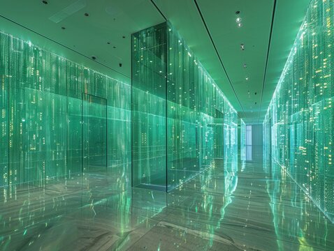 Serene technological environment with overlapping translucent digital panels and light green code flickering on chrome surfaces. Design concept