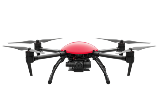 High-resolution image of a red professional hexacopter drone with camera, perfect for aerial photography, surveillance, delivery technology, and tech product presentations on transparent background