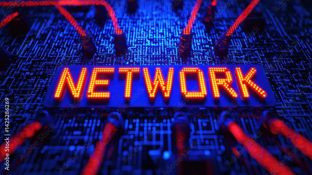 Poster illuminated network connections on circuit board background
