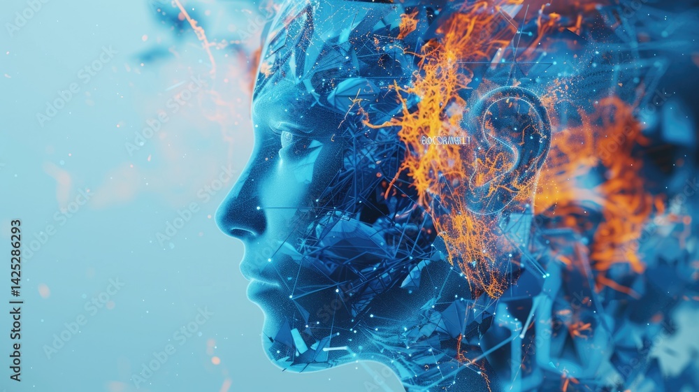 Aufkleber abstract digital faces with glowing blue and orange lines facing each other. digital artwork of face