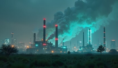 Industrial smoke emission urban cityscape photography nighttime wide angle environmental pollution awareness