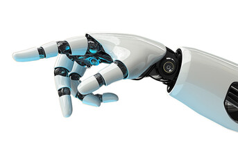 High-tech robotic hand with white glossy armor and mechanical joints in a pointing pose, ideal for AI, innovation, robotics, and future technology visual content on a clean white background