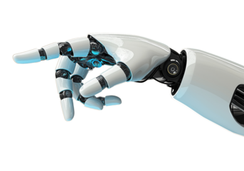 High-tech robotic hand with white glossy armor and mechanical joints in a pointing pose, ideal for AI, innovation, robotics, and future technology visual content on a clean white background