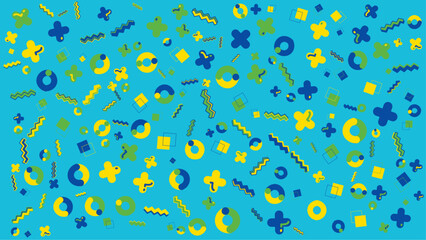 Colorful geometric pattern suitable for backgrounds, print designs, textiles, and packaging with blue, yellow, and green shapes in artistic arrangement.