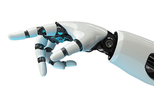 High-tech robotic hand with white glossy armor and mechanical joints in a pointing pose, ideal for AI, innovation, robotics, and future technology visual content on a clean white background