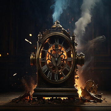 an antique, old clock burning and exploding with smoke, passing time 