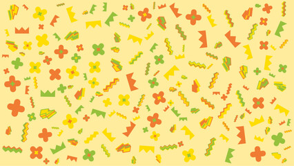 Pattern of yellow green and orange shapes suitable for background designs, wallpapers, textiles, packaging, and summer themed creative projects.