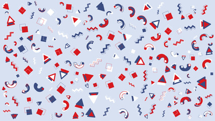 Blue background with red white and blue geometric shapes, suitable for patriotic designs, Independence Day graphics, and modern abstract concepts.