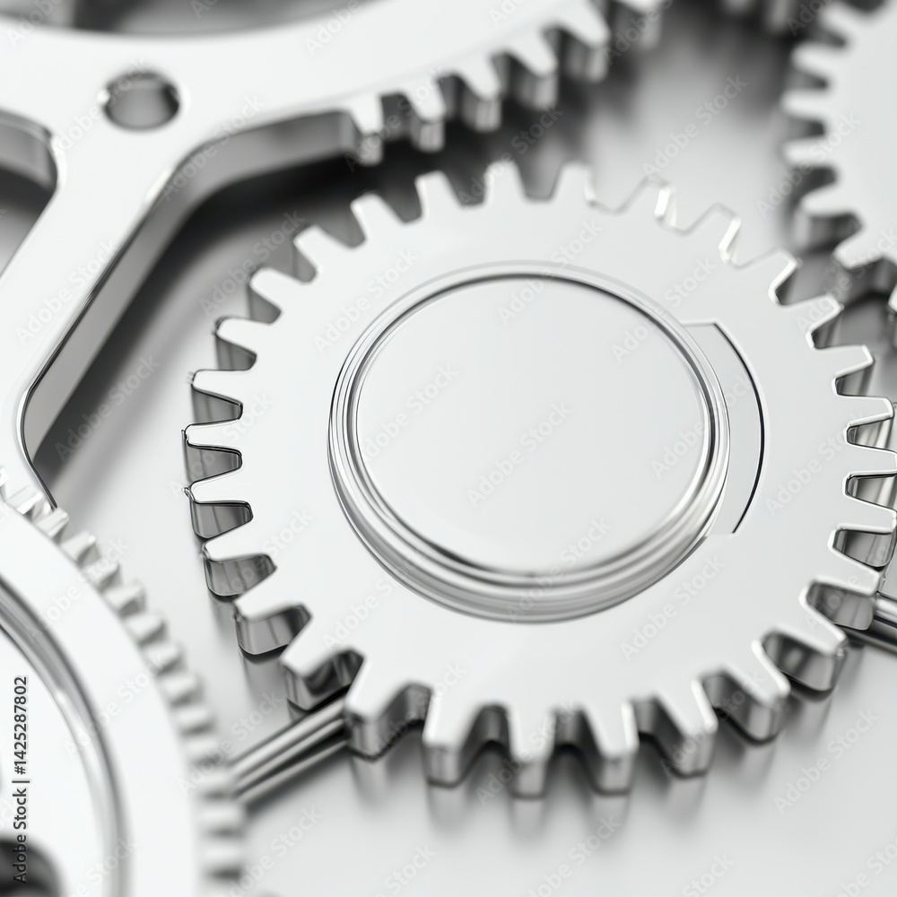 Poster close-up view of interlocking silver gears with shiny finish