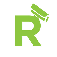 Initial Letter R Security Camera Icon, CC tv Symbol Vector Template