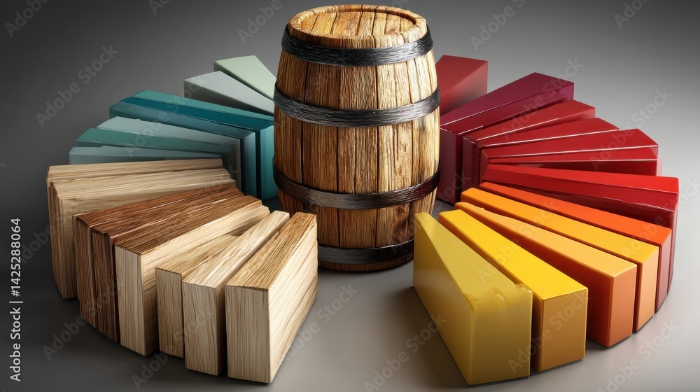 Poster barrel morphing into pie chart representing energy distribution in a modern conceptual design