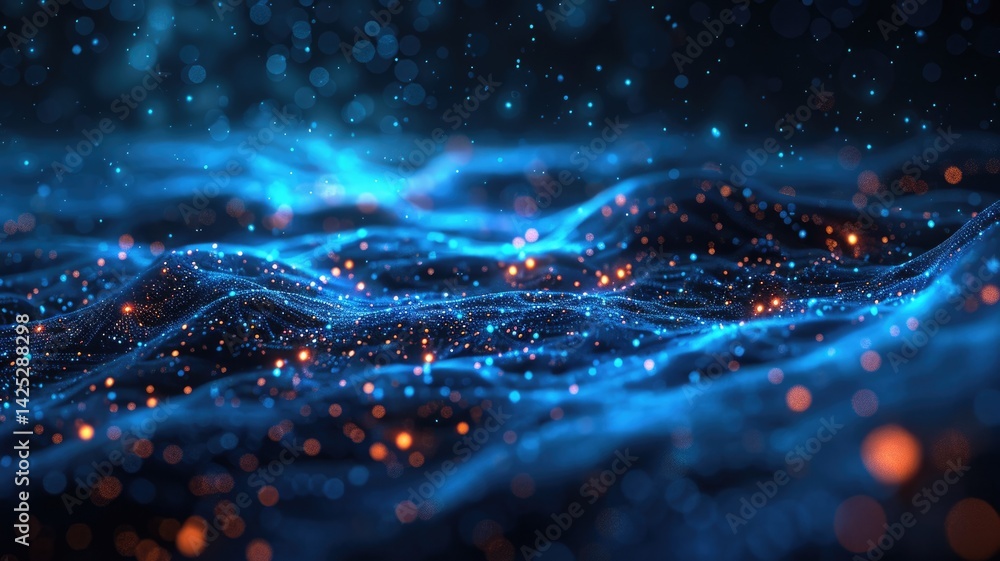 Poster abstract artwork of blue digital network with glowing particles. digital artwork of glowing blue dot