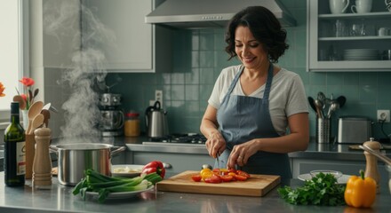 A woman is preparing a meal in a contemporary kitchen, surrounded by fresh ingredients. She is skillfully chopping colorful tomatoes on a wooden cutting board while wearing a gray apron. The kitchen