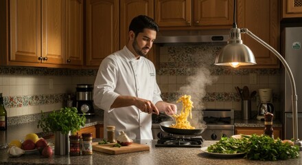 In a warmly lit kitchen, a chef skillfully tosses freshly cooked pasta into a skillet, creating an enticing dish. The countertop is adorned with colorful ingredients, including fragrant herbs, fresh