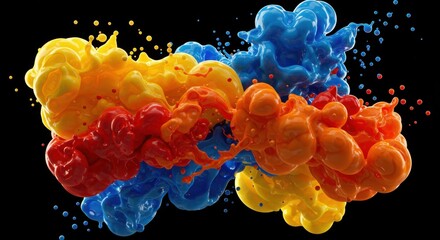 Bright splashes of red, blue, yellow, and orange paint collide and blend together, creating a captivating abstract composition. The vivid colors swirl and bubble, forming dynamic shapes against a