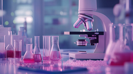 lab with a lot of bottles and a red and blue light ai genrative