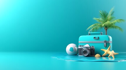 Teal suitcase, camera, and beach objects on a teal surface