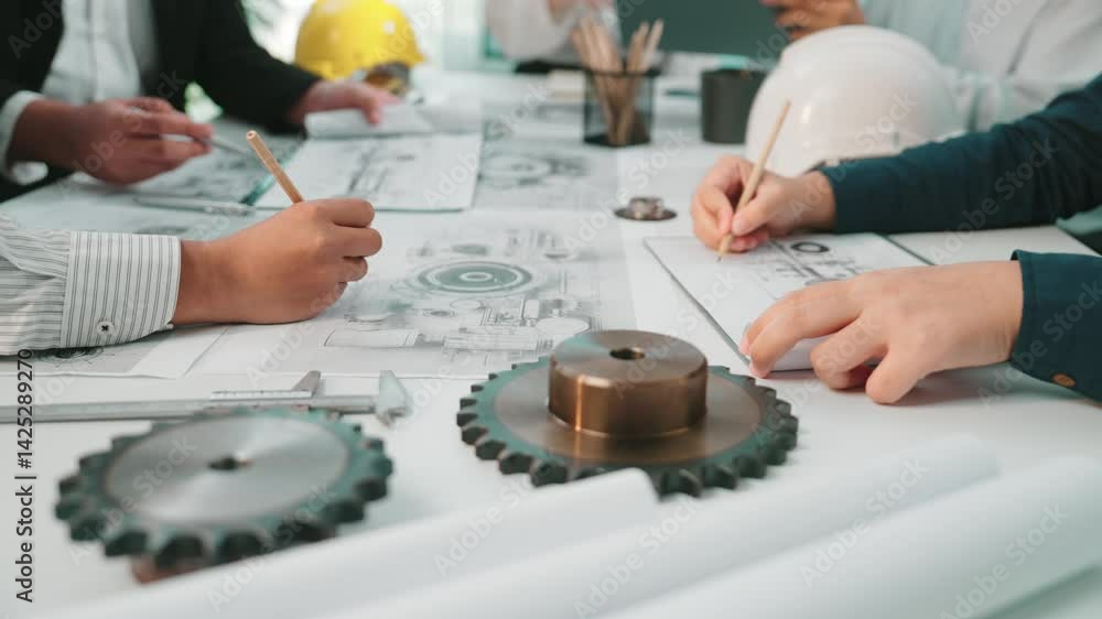Poster a group of engineers collaborates on project planning using technical drawings and tools in a bright