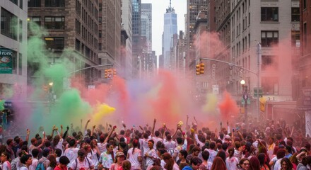 A lively festival fills the streets with joy as participants throw colorful powder into the air, creating vibrant clouds that engulf the urban landscape. Thousands of attendees, dressed in white