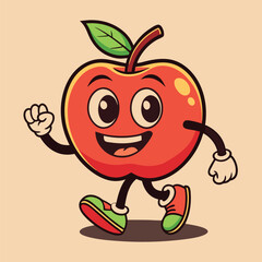 Groovy apple mascot. Funky retro character. cartoon apple, smiling, walking. Funny vintage trendy style character. Doodle Comic collection 