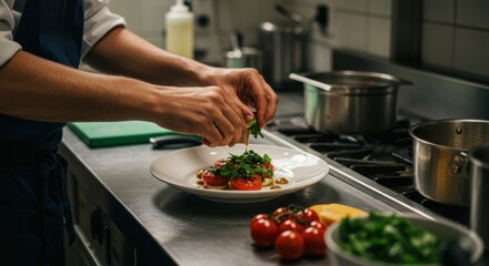 A chef skillfully arranges vibrant tomatoes and aromatic greens on a white plate in a contemporary kitchen. The workspace is bustling with culinary tools, including pots, fresh ingredients, and a