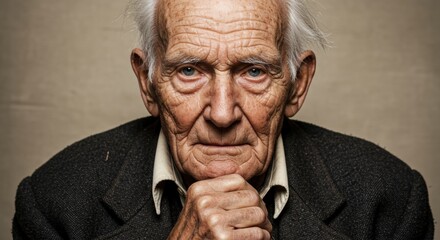 This intimate portrait features an elderly man with deep lines etched into his face, conveying a lifetime of experiences and wisdom. His thoughtful gaze is focused, with his hands clasped under his