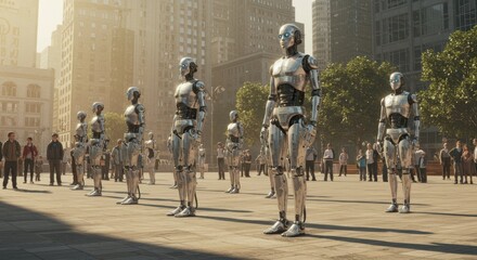 In a bustling city square under a warm sunset, a group of humanoid robots stands in formation. Their polished metallic bodies reflect the golden light as onlookers observe with a mix of curiosity and