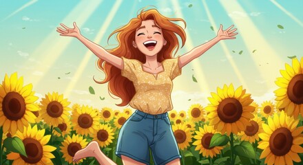 Amidst a vast field filled with bright yellow sunflowers, a young woman joyfully stretches her arms wide, radiating happiness. Her wavy red hair catches the sunlight as she basks in the warmth of a