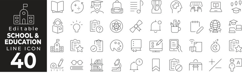 School & Education Icon Set: A Line Icon Collection Featuring Book, Student, Blackboard, Online Class, Pencil, and More