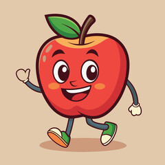 Groovy apple mascot. Funky retro character. cartoon apple, smiling, walking. Funny vintage trendy style character. Doodle Comic collection 