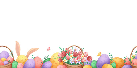 A seamless border for the happy easter holiday. Digital illustration in watercolor style. Colorful Easter eggs, spring flowers and a bunny. © andrey