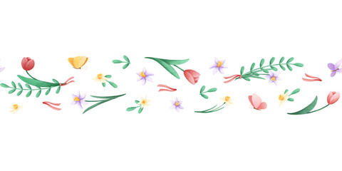 Festive seamless border. Digital illustration in watercolor style. Fresh spring flowers, butterflies and green vegetation.